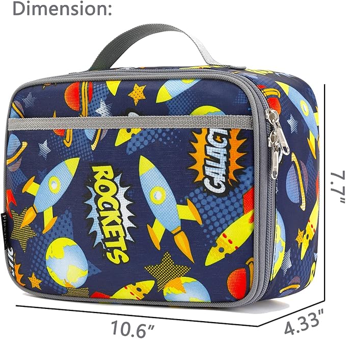 FlowFly Kids Lunch box Insulated Soft Bag Mini Cooler Back to School Thermal Meal Tote Kit for Girls, Boys, Outer Space Rocket Ships in Dark Navy Blue