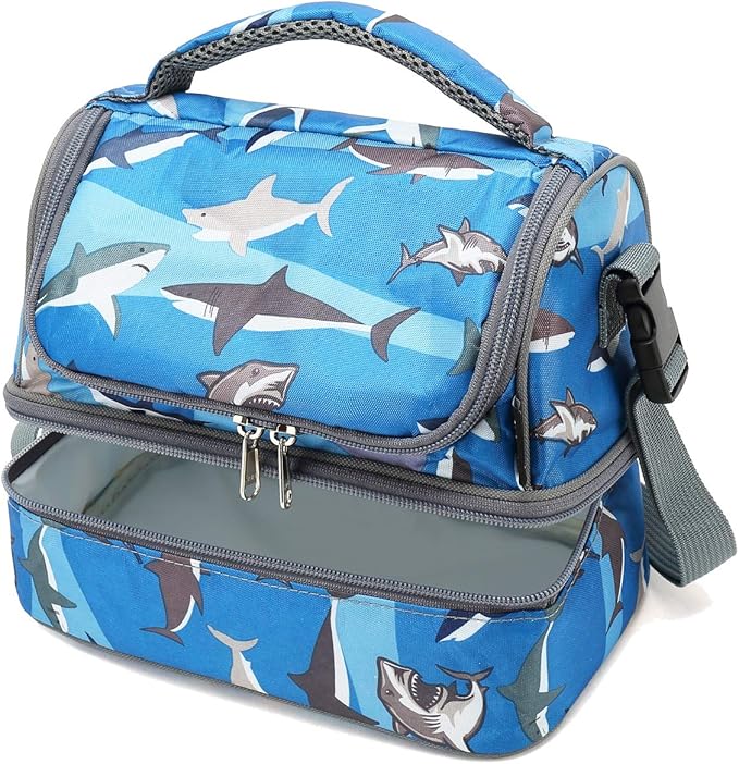 FlowFly Kids Double Decker Cooler Insulated Lunch Bag Large Tote for Boys, Girls, Men, Women, With Adjustable Strap, Shark