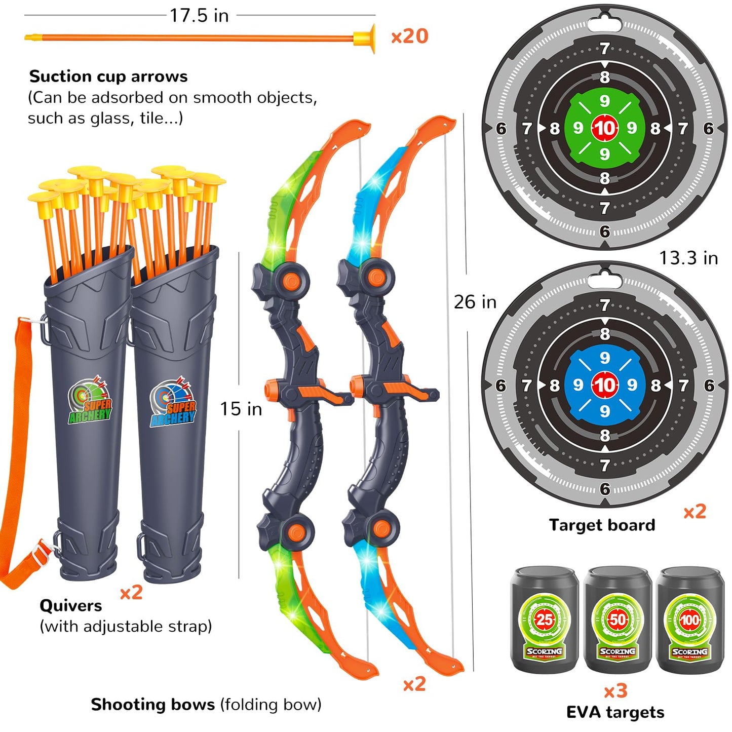 GMAOPHY Bow and Arrow for 5 6 7 8 9 10 11+ Year Old Boys, Birthday Gift for Kids, Indoor Outdoor Activity Toys, 2 Pack LED Light Up Archery Toy with 20 Suction Cup Arrows, Standing Target, 2 Quiver