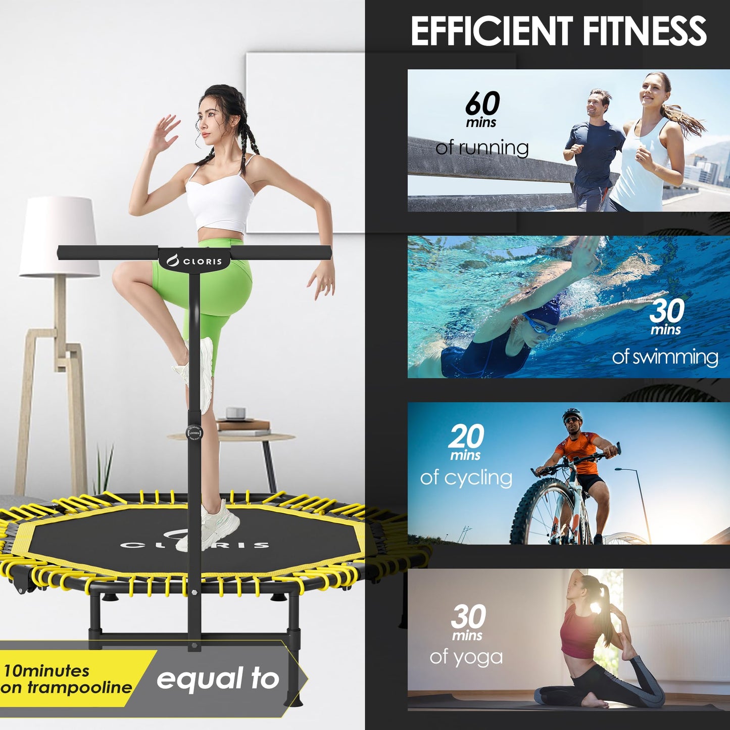 CLORIS 38in/40in/48in Folding Trampoline Mini Rebounder Fitness Trampoline with Adjustable Foam Handle for Kids/Adult, with safty Padded Cover Best Gift for Kids/Adult (Yellow)โฆ (48in-Yellow)