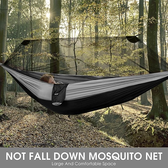 G4Free Large Camping Hammock with Mosquito Net 2 Person Pop-up Parachute Lightweight Hanging Hammocks Tree Straps Swing Bed for Outdoor Backpacking Backyard Hiking