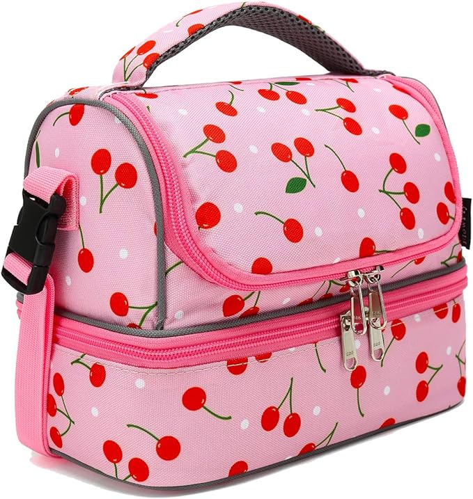 FlowFly Kids Double Decker Cooler Insulated Lunch Bag Large Tote for Boys, Girls, Men, Women, With Adjustable Strap, Cherry