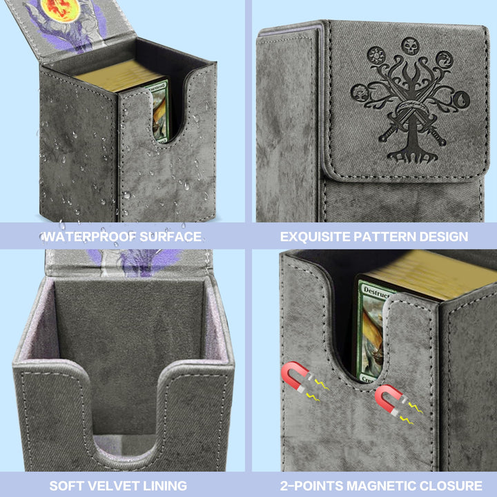 PROMAXIBINDER MTG Card Deck Box, Commander Deck Box Fits 100+ Single Sleeved Cards, Storage for TCG/MTG Crads, PU Leather Strong Magenet (Darkgrey, Tree)