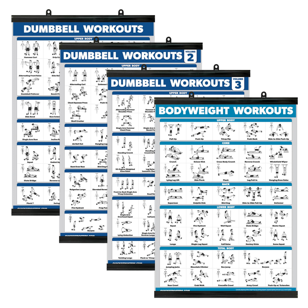 Palace Learning 4 Pack - Dumbbell Workout Posters Volume 1, 2 & 3 + Bodyweight Exercise Chart - Set of 4 Posters (Laminated with Plastic Frame, 18" x 24")