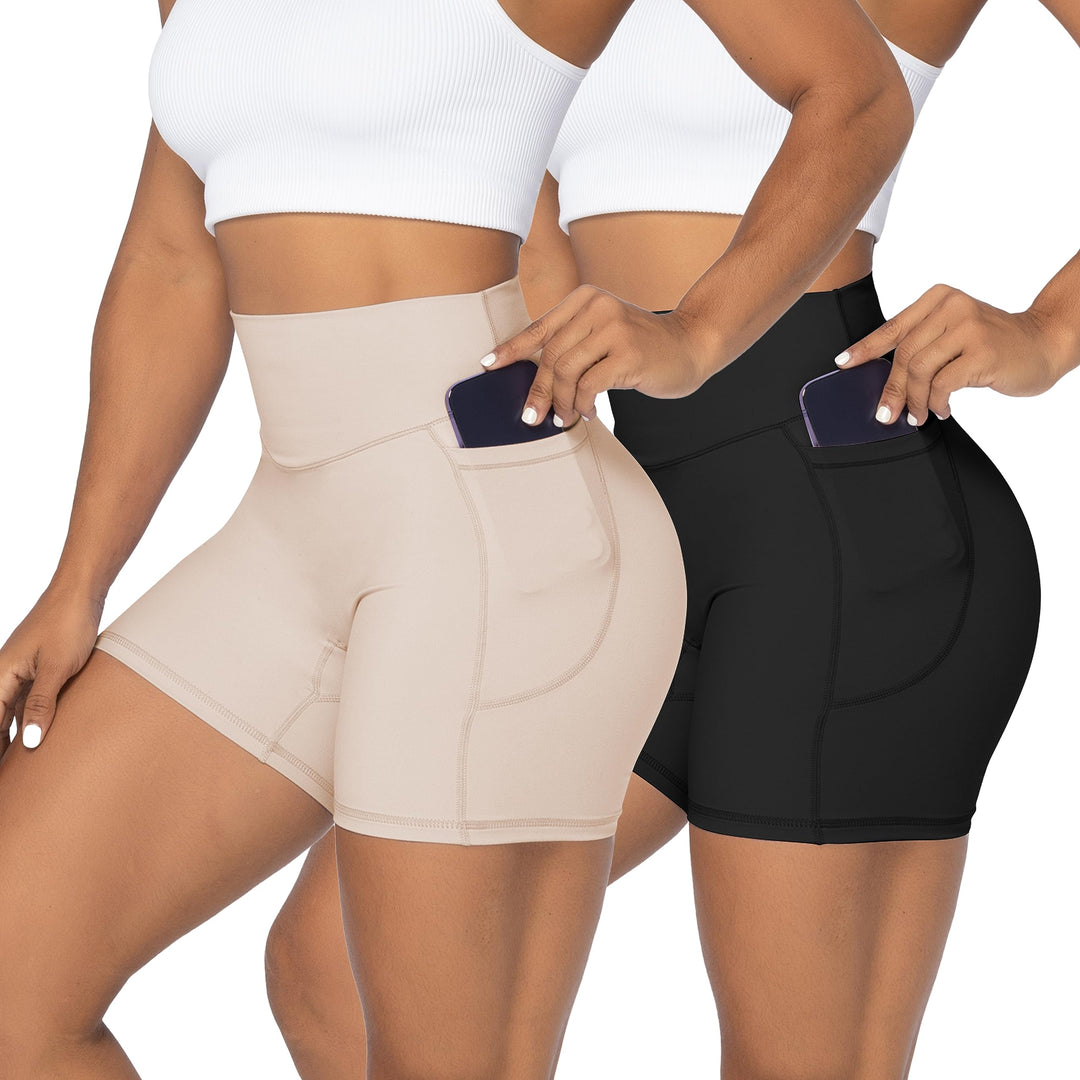 Sunzel Women's Biker Shorts in High Waist Tummy Control with Deep Pockets 5" Black+Beige (2 Pack) X-Small