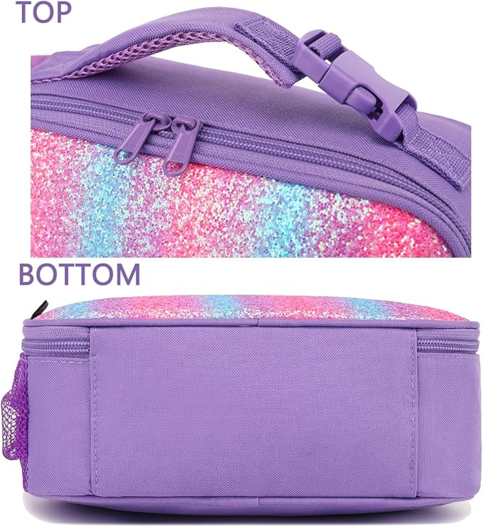 FlowFly Kids Lunch box Insulated Soft Bag Mini Cooler Back to School Thermal Meal Tote Kit for Girls, Boys,Purple#Glitter