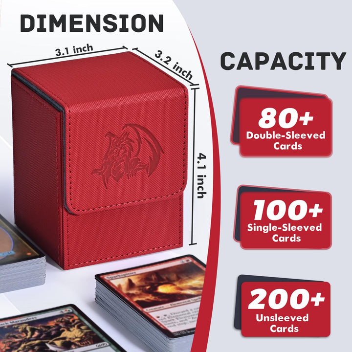ZLCA Card Deck Box for Trading Cards with 2 Dividers, Card Storage Box Fits 100+ Single Sleeved Cards, PU Leather Strong Magnet Card Deck Case Holder for Magic Commander TCG CCG ๏ผRed,Emperor Dragon๏ผ