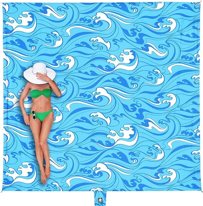 WEKAPO Beach Blanket Waterproof Sandproof Oversized Extra Large Sand Free Beach Mat with Stakes, Storage Bag - Essentials for Outdoor Beach, Picnic (Blue Ocean Waves, 8 X 7 FT (1~4 Person))