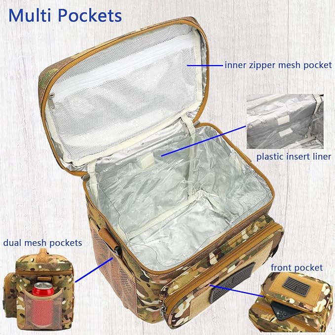 FlowFly Lunch Bag, Insulated Cooler, Thermal Lunch Box Tote with MOLLE/PALS Webbing, Adjustable Padded Shoulder Strap, for Tactical Men Women Adults and Boys Girls Kids (Multicam, Medium)