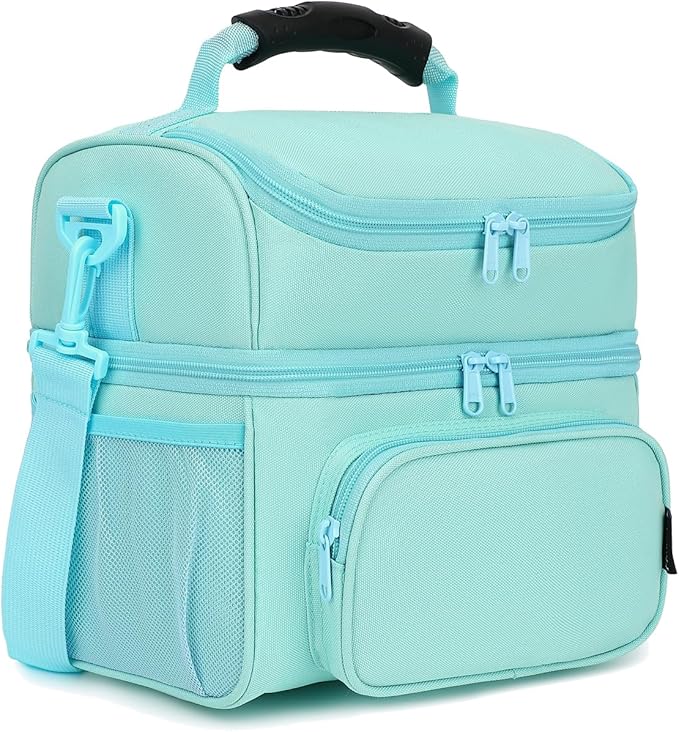 FlowFly Double Layer Cooler Insulated Lunch Bag Adult Lunch Box Large Tote Bag for Men, Women, With Adjustable Strap,Front Pocket and Dual Large Mesh Side Pockets