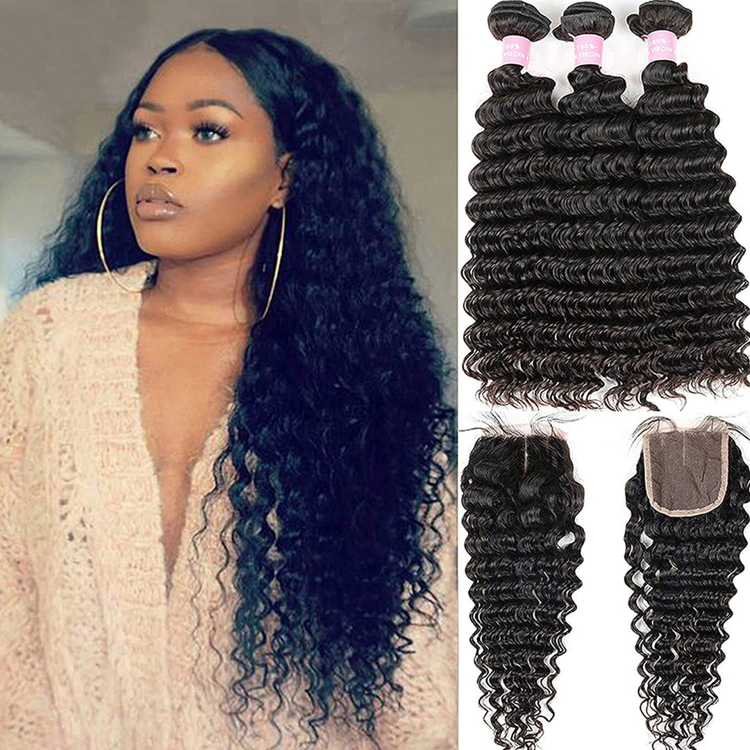 Brazilian Deep Wave Bundles With Closure Virgin Human Hair Bundles With Closure 4 4 Lace Mixed Length Hair Bundles Natural Colo