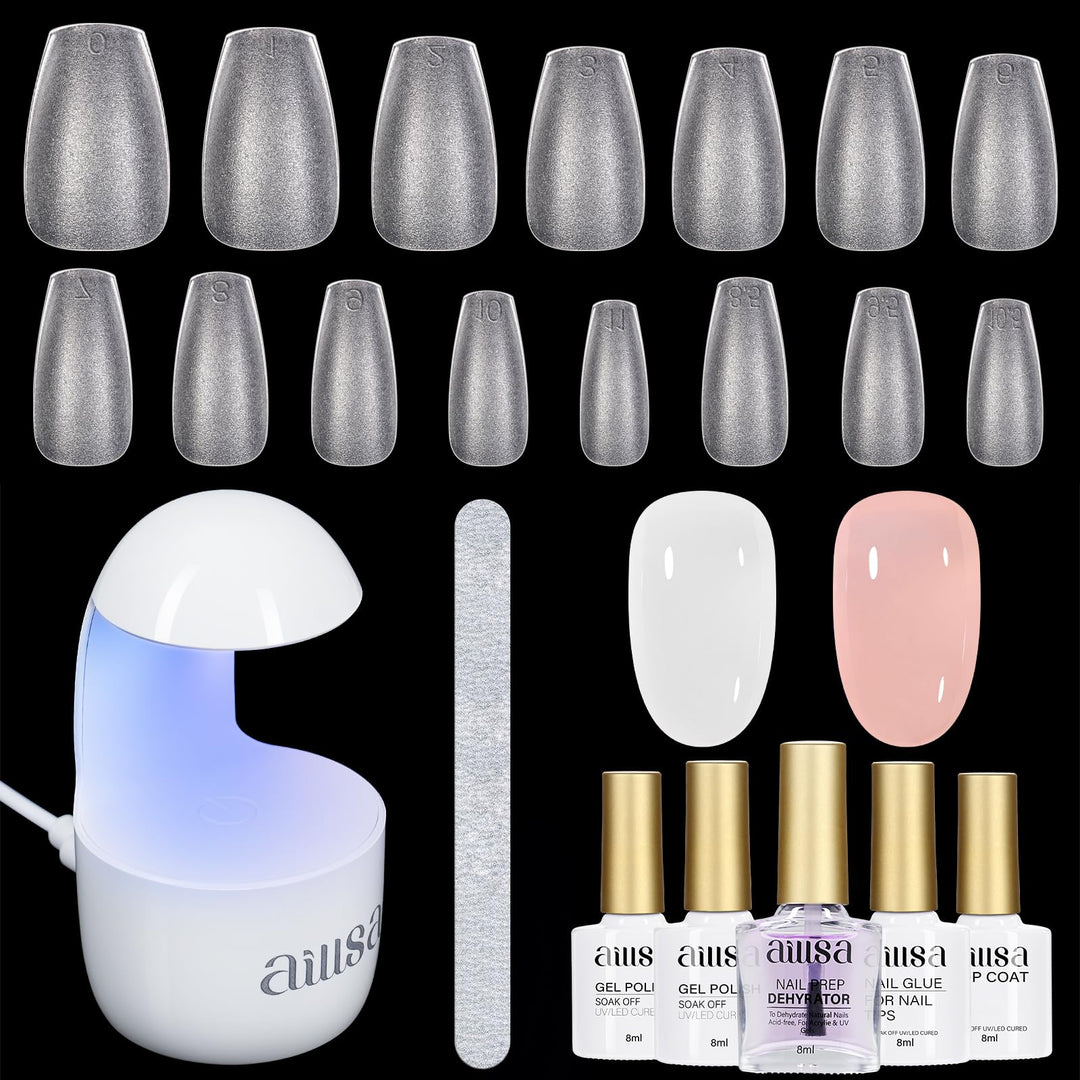Aillsa Nail Tips And Glue Gel Kit Short Coffin Nail Tips 240Pcs With 2 In 1 Nail Glue Base Coat And Nail Dehydrator, Soft Gel Ex