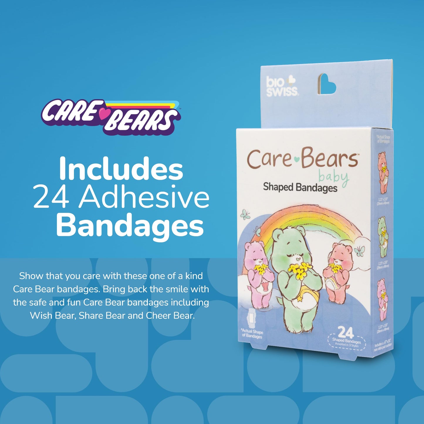 BioSwiss Care Bears Bandages, Baby Care Bear Shaped Self Adhesive Bandage, Latex Free Sterile Wound Care, Fun First Aid Kit Supplies for Kids, 24 Count