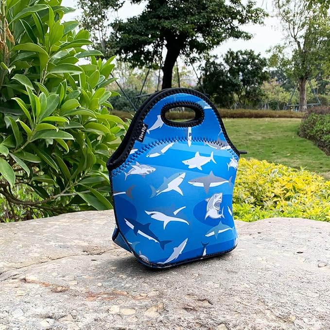FlowFly Neoprene Kids Lunch box Insulated Soft Bag Mini Cooler Thermal Meal Tote Kit for Boys, Girls,Men,Women,School,Work, Office, Shark