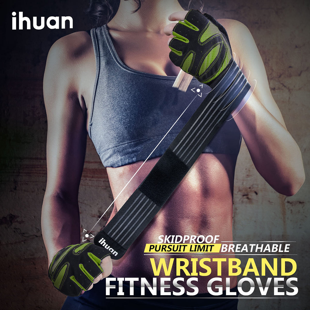 ihuan Ventilated Weight Lifting Gym Workout Gloves with Wrist Wrap Support for Men & Women, Full Palm Protection, for Weightlifting, Training, Fitness, Hanging, Pull ups (Dark Green, XS)