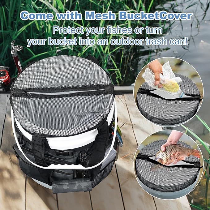 Fishing Bucket Organizer with Bucket Cover, Ice Fishing Tackle Bag with Rod & Plier Holder, Multi-Pockets for 5 Gallon Bucket Fishing Gear & Accessories
