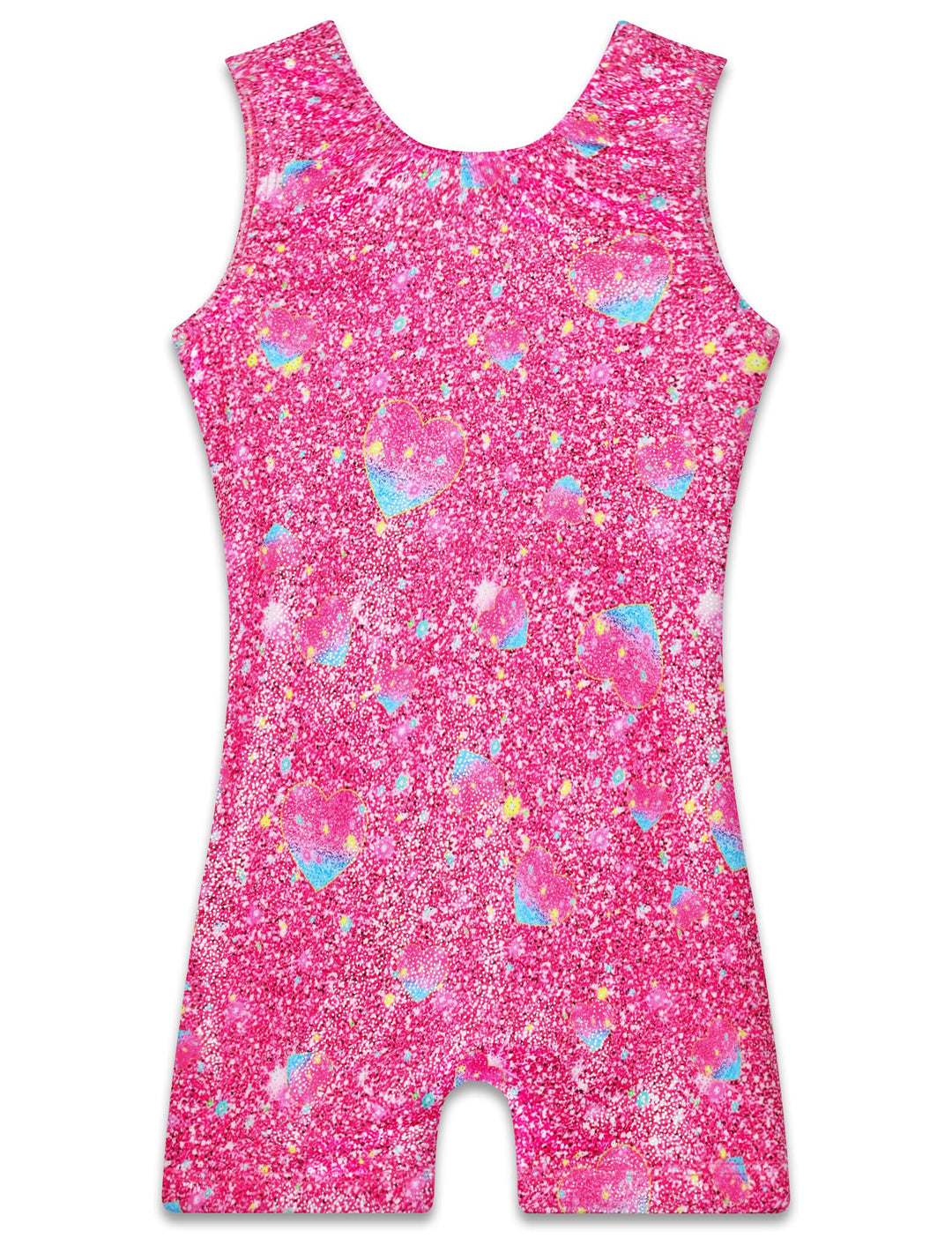 TENVDA Girls Leotards for Gymnastics Size 6 7 Years Old Sparkle Pink Hearts Pattern One-Piece Tank Tumbling Biketards Unitard