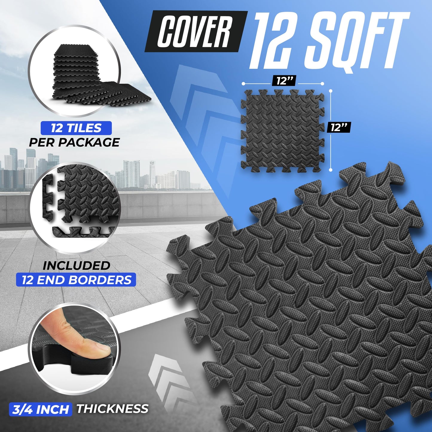 Yes4All EVA Foam Interlocking Mats - Black - 3/4" Thick, 12 Square Feet