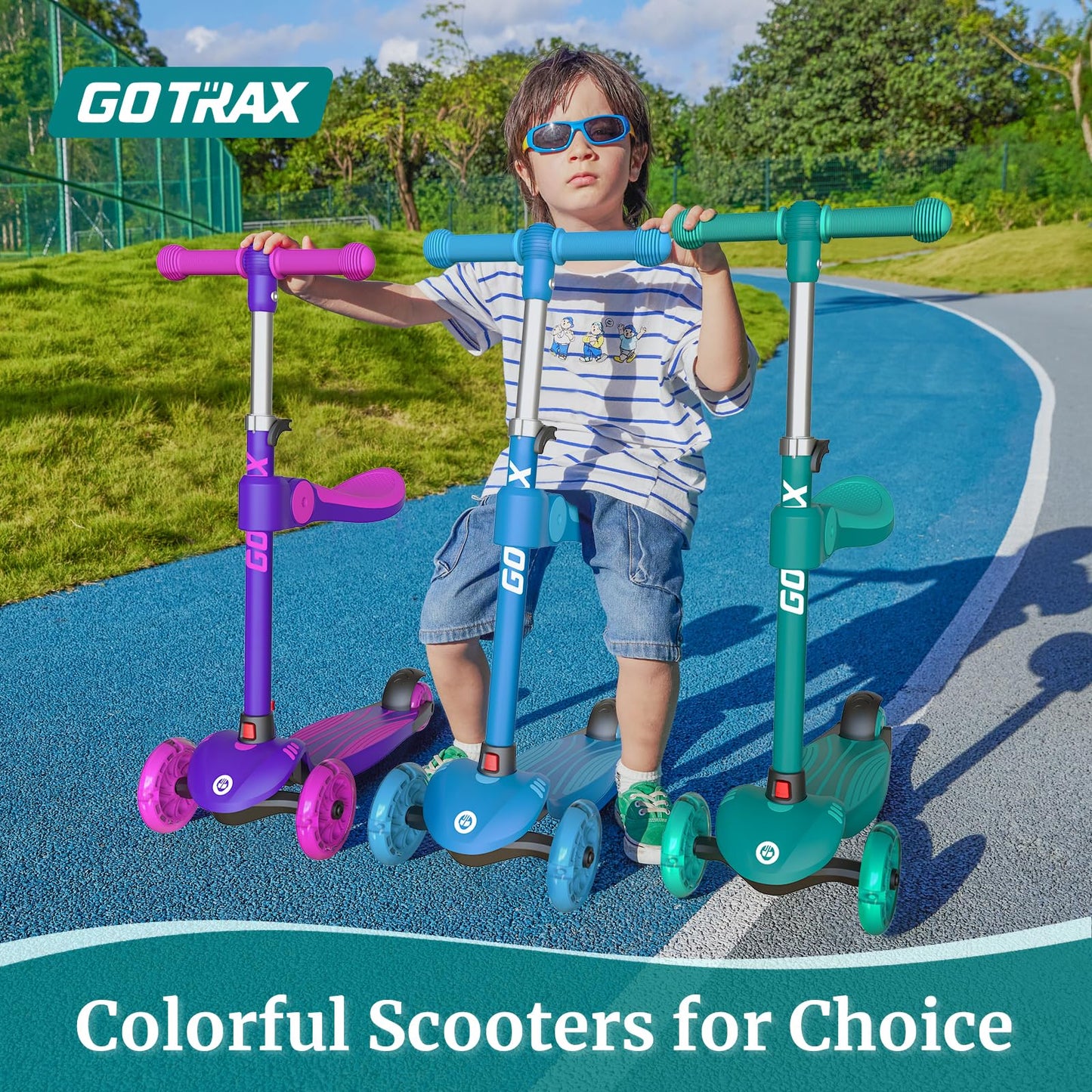 Gotrax KS3 Kids Kick Scooter, LED Lighted Wheels, Adjustable Height Handlebars and Removable Seat, Lean-to-Steer & Widen Anti-Slip Deck, 3 Wheel Scooter for Kids Ages 2-8 and up to 100 Lbs (Blue)