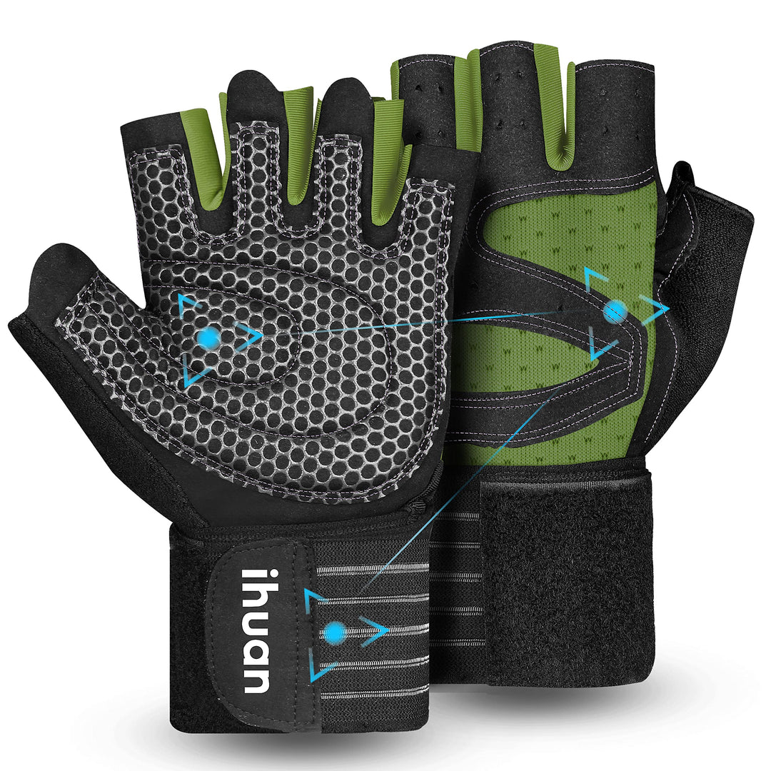 ihuan Ventilated Weight Lifting Gym Workout Gloves with Wrist Wrap Support for Men & Women, Full Palm Protection, for Weightlifting, Training, Fitness, Hanging, Pull ups (Dark Green, XS)
