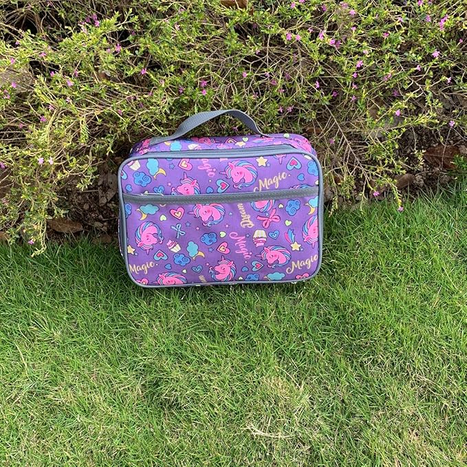 FlowFly Kids Lunch box Insulated Soft Bag Mini Cooler Back to School Thermal Meal Tote Kit for Girls, Boys, Purple Unicorn