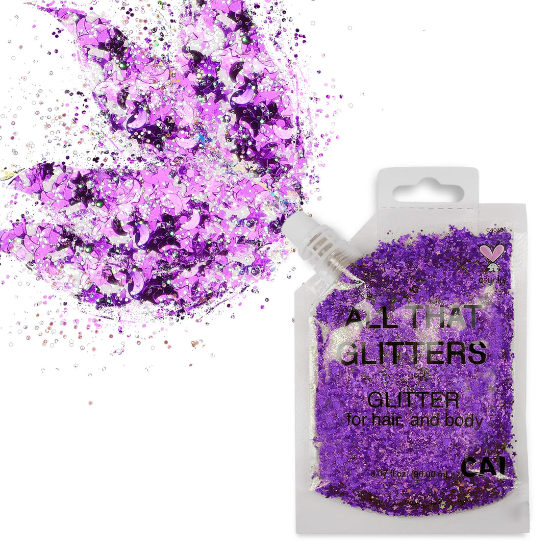 Body Glitter Gel- Face, Body & Hair (1 Pk Violet) Chunky Iridescent Holograph Stars & Moon, 3 oz | Cosmetic-Grade Makeup, Apply Without Glue, Easy to Take Off & Keep Skin Clean - for Concerts, Raves