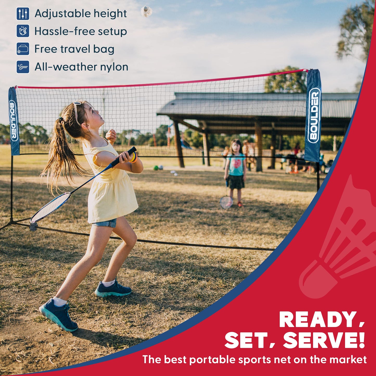 BOULDER Portable Badminton Net Set - for Tennis, Soccer Tennis, Pickleball, Kids Volleyball - Easy Setup Nylon Sports Net with Poles (Blue/Red, 17 FT)