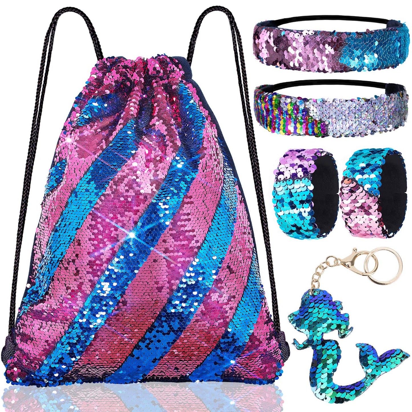 Mermaid Reversible Sequin Drawstring Backpack/Bag Dark Blue/Dark Pink for Kids Girls One_Size