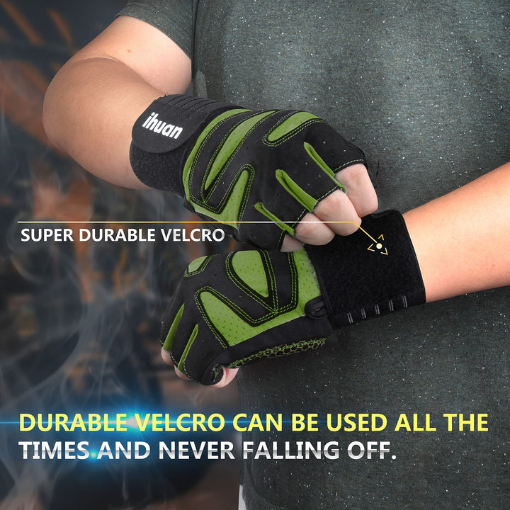 ihuan Ventilated Weight Lifting Gym Workout Gloves with Wrist Wrap Support for Men & Women, Full Palm Protection, for Weightlifting, Training, Fitness, Hanging, Pull ups (Dark Green, XS)