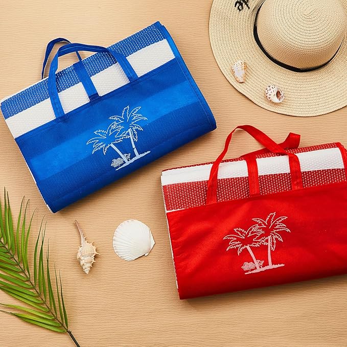 Woanger 2 Pieces Tatami Straw Ground Mat Foldable Waterproof Handy Mat with Strap Portable Straw Beach Mat RV Outings Camping Outdoor Travel Hiking Lawn, 60'' L x 78'' W, Red and Blue