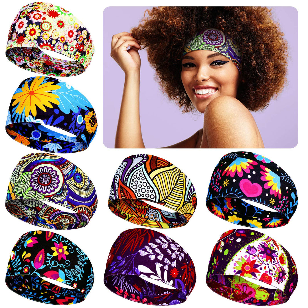 Willbond 8 Pieces African Headband Stretchy Boho Print Hairband Yoga Running Sports Workout Head Grip Band Elastic Turban Headwr