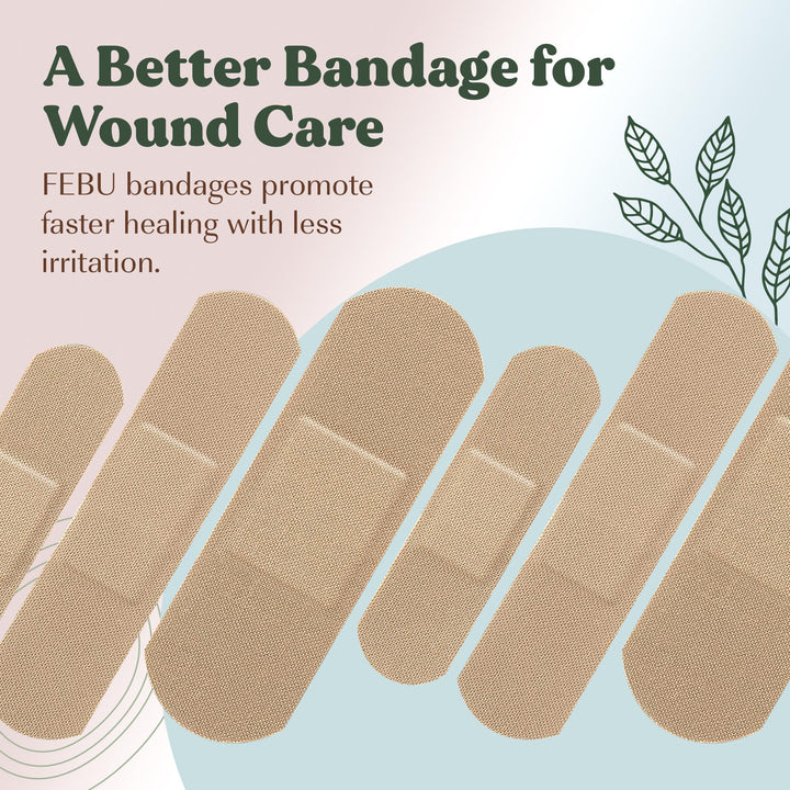 FEBU Eco-Friendly Organic Bamboo Fabric Bandages for Sensitive Skin | PFAS Free Flexible Latex Free Bandages | Natural Hypoallergenic Bandages for Scrapes, Cuts & First Aid | 75 Count Variety Pack