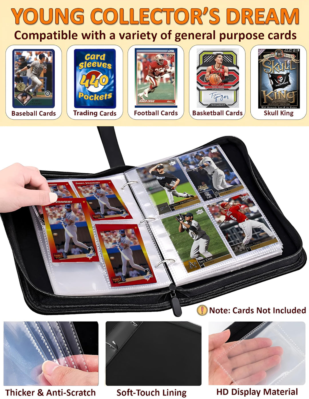 Baseball Card Binder 4 Pocket, 440 Sleeves Baseball Binder for Trading Cards Collection, Baseball Card Organizer, 3 Ring Storage Book, Small Trading Card Album Mini Case, Collector Sports Cards Holder