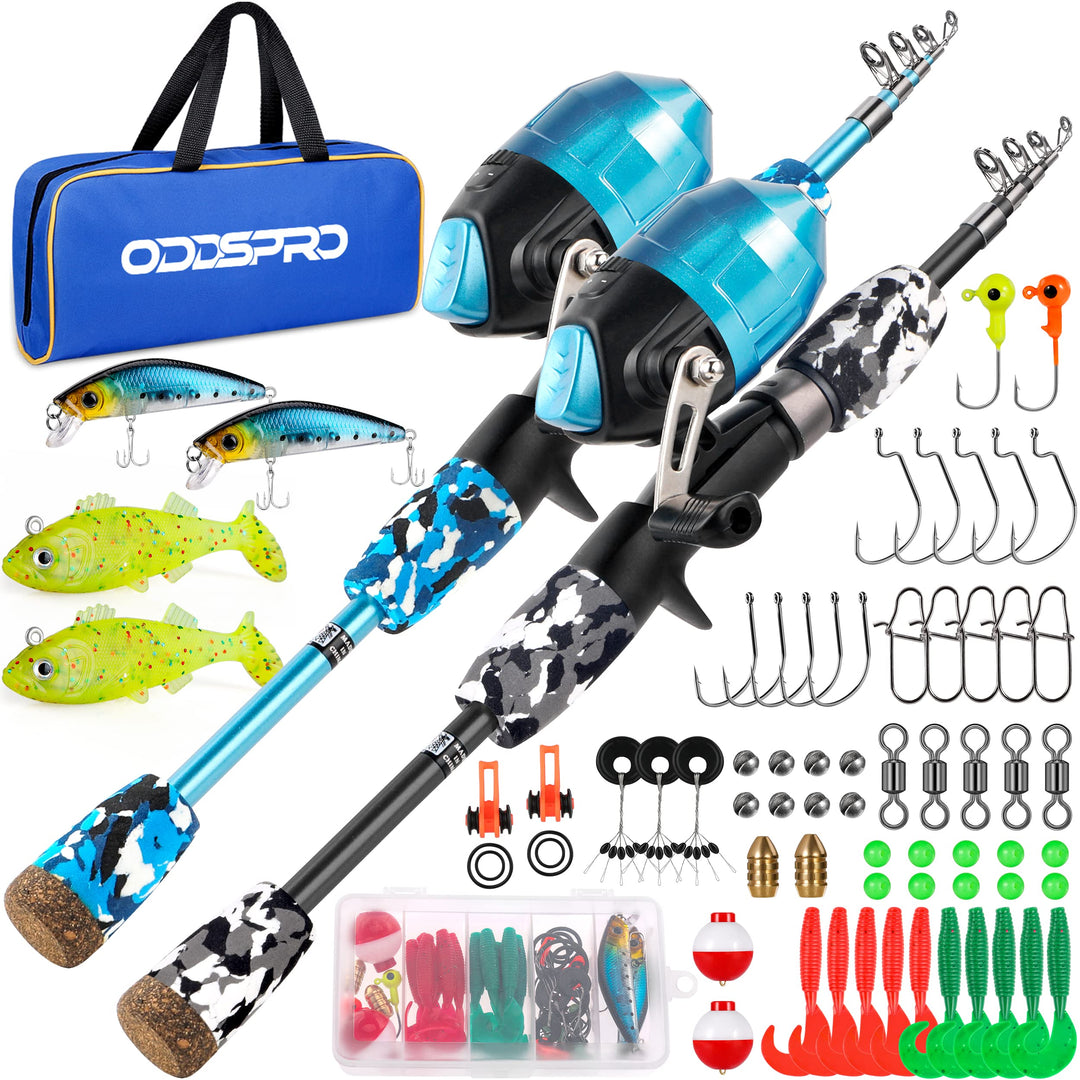 ODDSPRO Kids Fishing Pole - Kids Fishing Starter Kit - with Tackle Box, Reel, Practice Plug, Beginner's Guide and Travel Bag for Boys, Girls (2 pack (Blue+Black), 1.5M 4.92Ft)