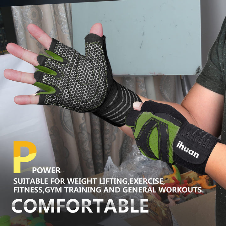 ihuan Ventilated Weight Lifting Gym Workout Gloves with Wrist Wrap Support for Men & Women, Full Palm Protection, for Weightlifting, Training, Fitness, Hanging, Pull ups (Dark Green, XS)