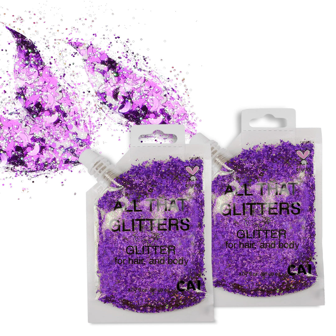 Body Glitter Gel- Face, Body & Hair (2 Pk Violet/Violet) Chunky Iridescent Holograph Stars & Moon, 6 oz | Cosmetic-Grade Makeup, Apply Without Glue, Easy to Take Off & Keep Skin Clean at Raves