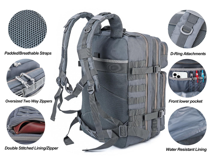 LHI Military Tactical Backpack for Men and Women 45L Army 3 Days Assault Pack Bag Large Rucksack with Molle System - Grey
