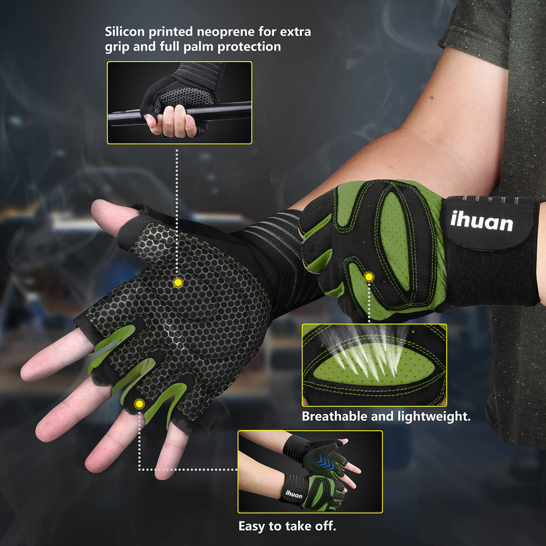 ihuan Ventilated Weight Lifting Gym Workout Gloves with Wrist Wrap Support for Men & Women, Full Palm Protection, for Weightlifting, Training, Fitness, Hanging, Pull ups (Dark Green, XS)