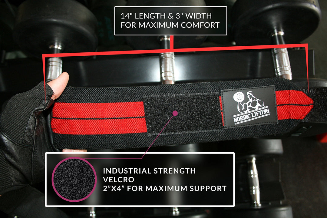Nordic Lifting Wrist Wraps (1 Pair/2 Wraps) 14" for Weightlifting | Cross Training | Powerlifting - For Women & Men - Hand Strength & Support During Weight Lifting (Red) - 1 Year Warranty
