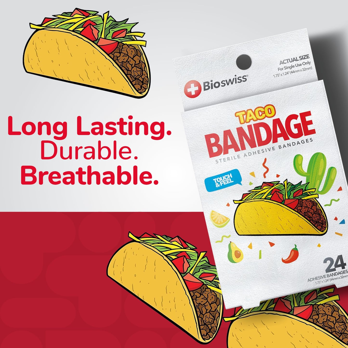 BioSwiss Bandages, Taco Shaped Self Adhesive Bandages, Latex Free Sterile Wound Care, Fun First Aid Kit Supplies for Kids, 24 Count