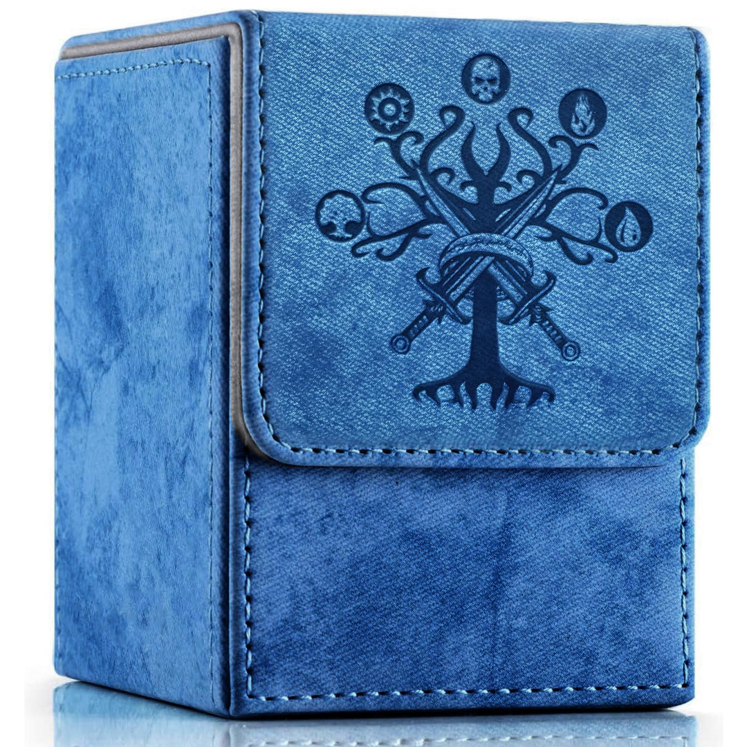 PROMAXIBINDER MTG Commander Deck Box, Fits 100+ Single Sleeved Cards, Strong Magnet Magic Gathering Deck Box, PU Leather Trading Card Storage Box for TCG, CCG, MTG Cards (Navy Blue, Tree)