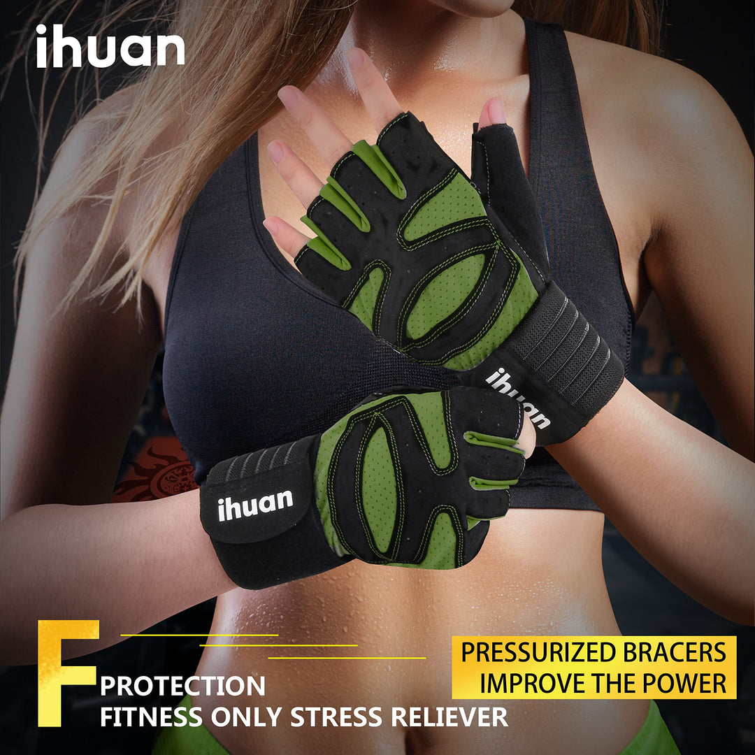 ihuan Ventilated Weight Lifting Gym Workout Gloves with Wrist Wrap Support for Men & Women, Full Palm Protection, for Weightlifting, Training, Fitness, Hanging, Pull ups (Dark Green, XS)