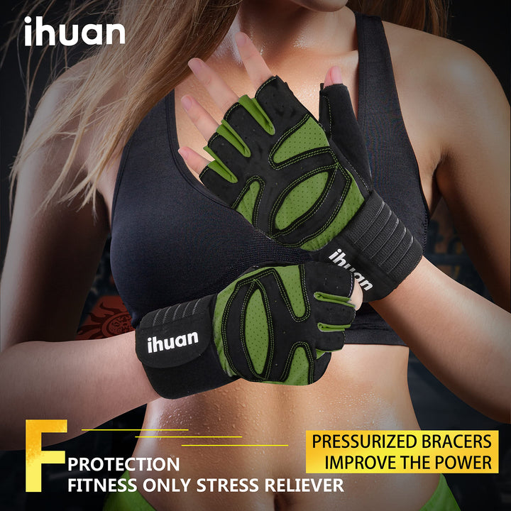 ihuan Ventilated Weight Lifting Gym Workout Gloves with Wrist Wrap Support for Men & Women, Full Palm Protection, for Weightlifting, Training, Fitness, Hanging, Pull ups (Dark Green, XS)