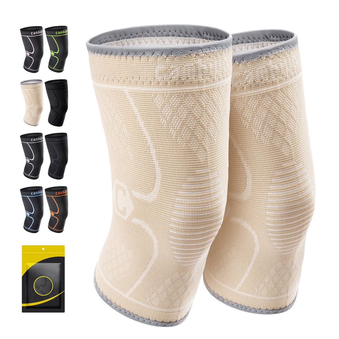 CAMBIVO 2 Pack Knee Brace, Knee Compression Sleeve Support for Men and Women, Knee Pads for Running, Hiking, Meniscus Tear, Arthritis,Joint Pain Relief (Beige,Small)