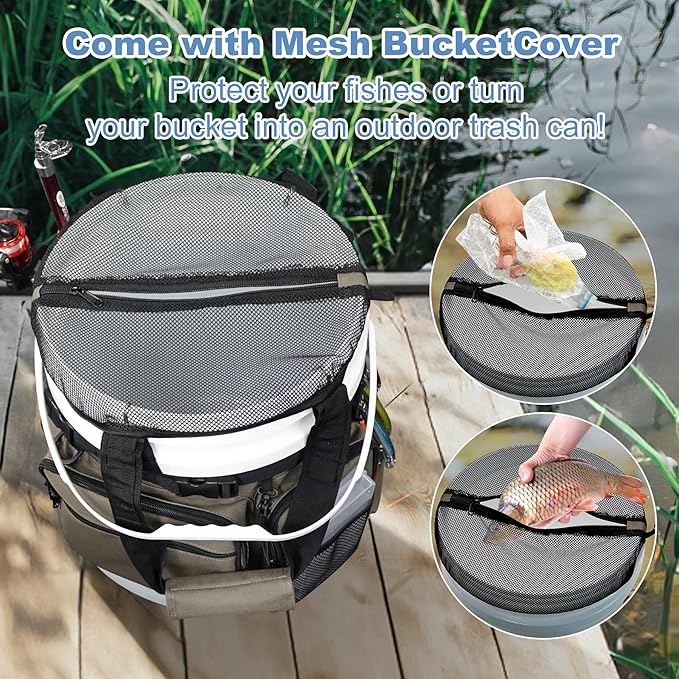 Fishing Bucket Organizer with Bucket Cover, Ice Fishing Tackle Bag with Rod & Plier Holder, Multi-Pockets for 5 Gallon Bucket Fishing Gear & Accessories