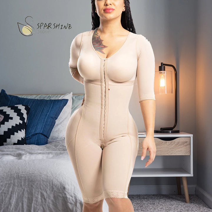 High Compression Liposculpture Shapewear With Holes, Bra And Sleeves Postpartum Recovery One Piece Shapewear