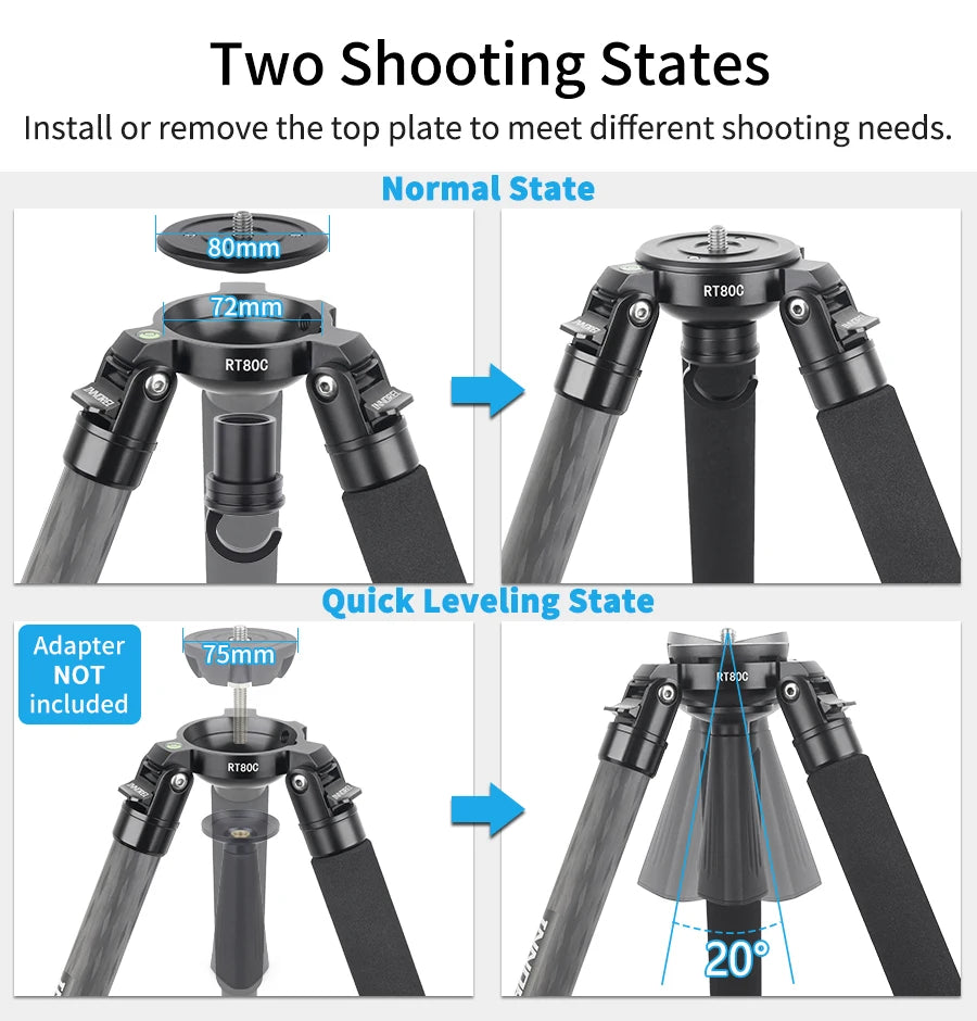 INNOREL RT80C Carbon Fiber Camera Tripod Professional Birdwatching Heavy Duty Tripod 75mm Bowl Adapter for DSLR Video Camcorder