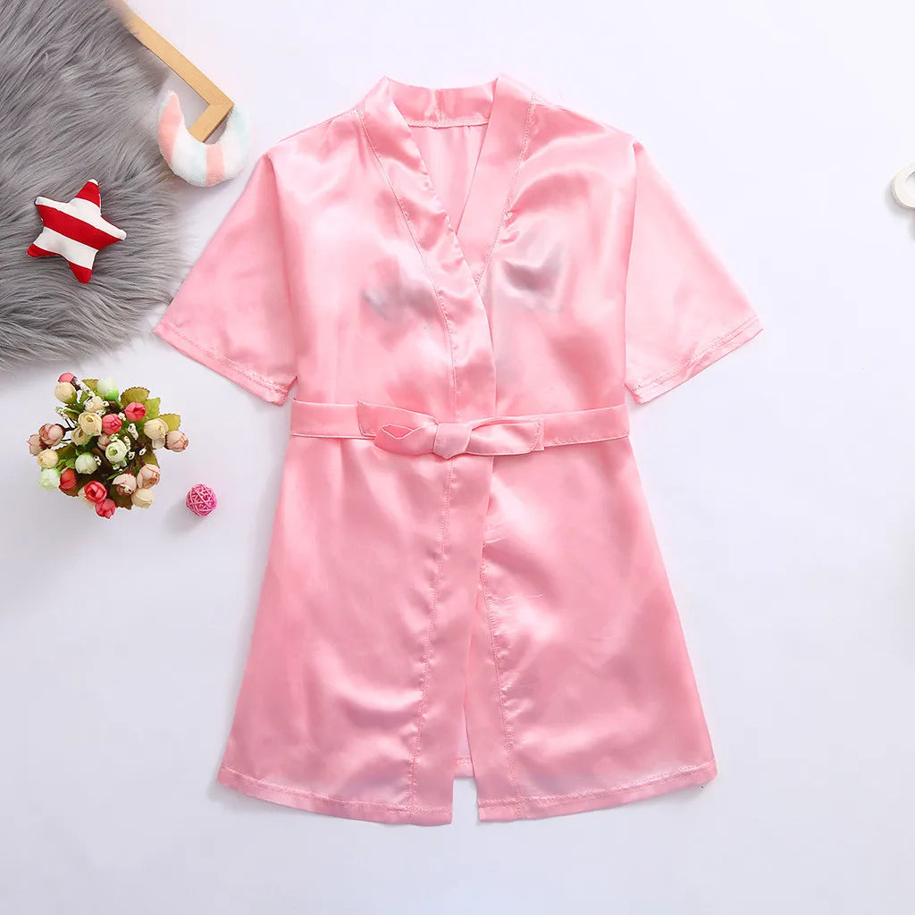 Children Summer Toddler Baby Kids Solid Silk Satin Kimono Robes Bathrobe Girls Sleepwear Clothes Baby Birthday Party Bathrobe