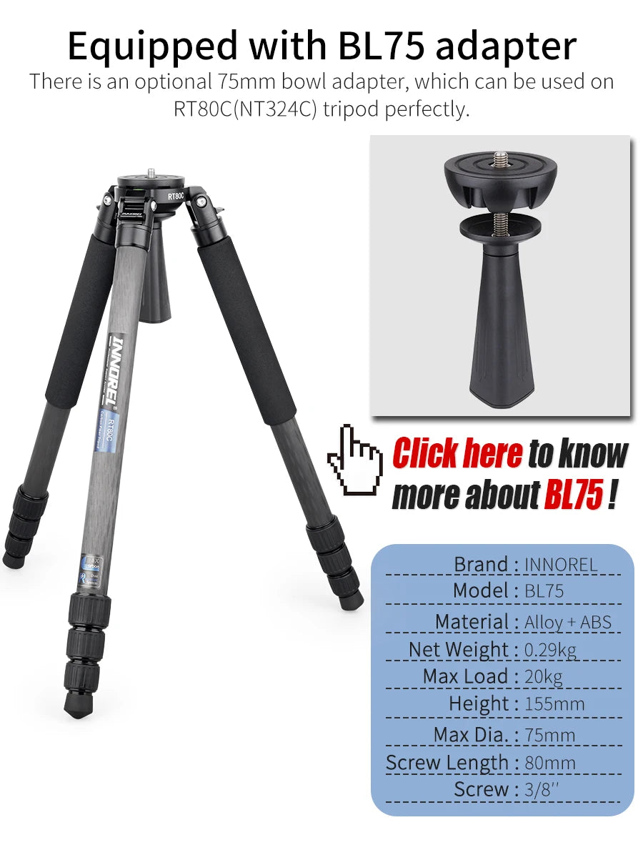 INNOREL RT80C Carbon Fiber Camera Tripod Professional Birdwatching Heavy Duty Tripod 75mm Bowl Adapter for DSLR Video Camcorder
