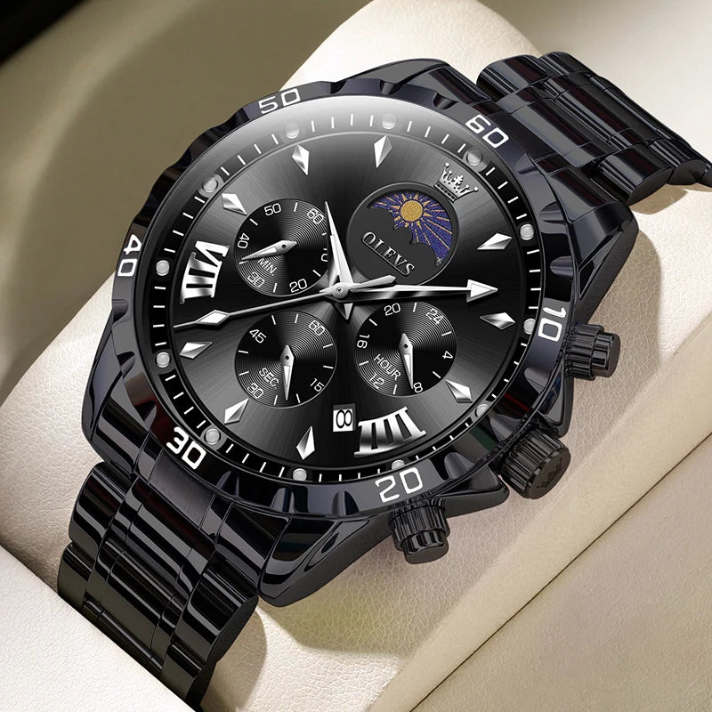OLEVS Original Moon Phase Men Watches Luminous Skeleton Waterproof Quartz Watch Calendar Chronograph Stainless Steel Wristwatch